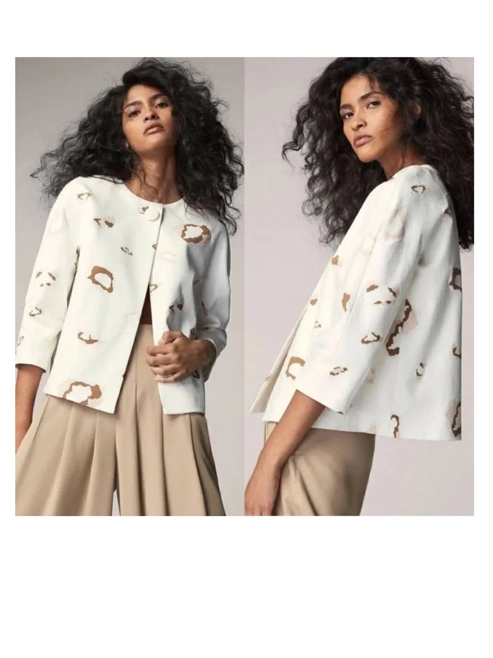 Massimo Dutti cropped, collarless cotton blazer. Ivory animal print. Size 6. NWT